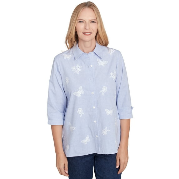 Alfred Dunner Womens Striped Woven Butterfly Button Down Top