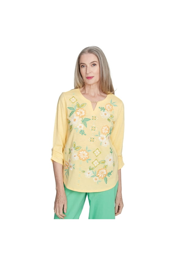 Womens Sunny Floral Embroidered Split Neck Top