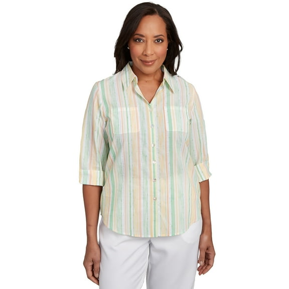 Alfred Dunner Womens Sunny Stripes Button Down Top