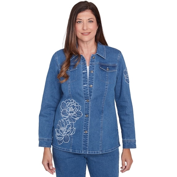 Alfred Dunner Womens Super Stretch Floral Denim Jacket