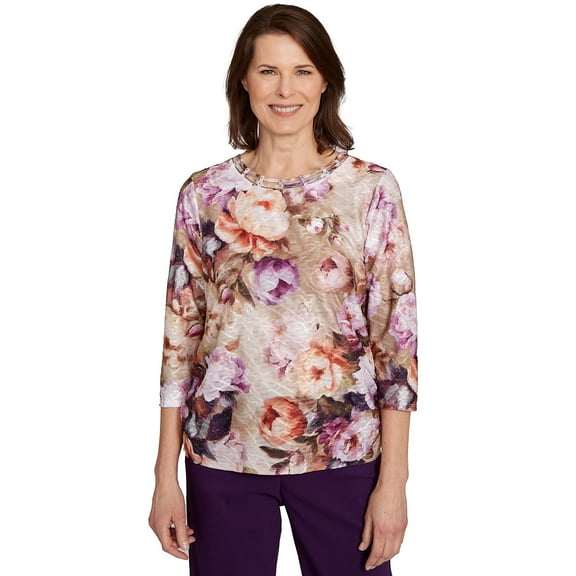 Alfred Dunner Womens Textured Floral Ruched Sides Top