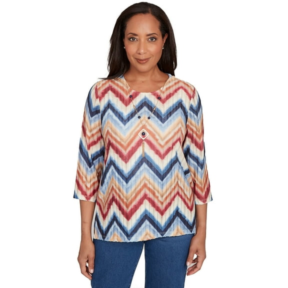 Alfred Dunner Womens Textured Knit Chevron Top With Necklace