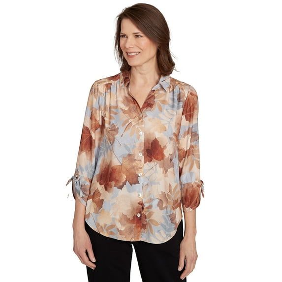 Alfred Dunner Womens Textured Leaf Button Front Top