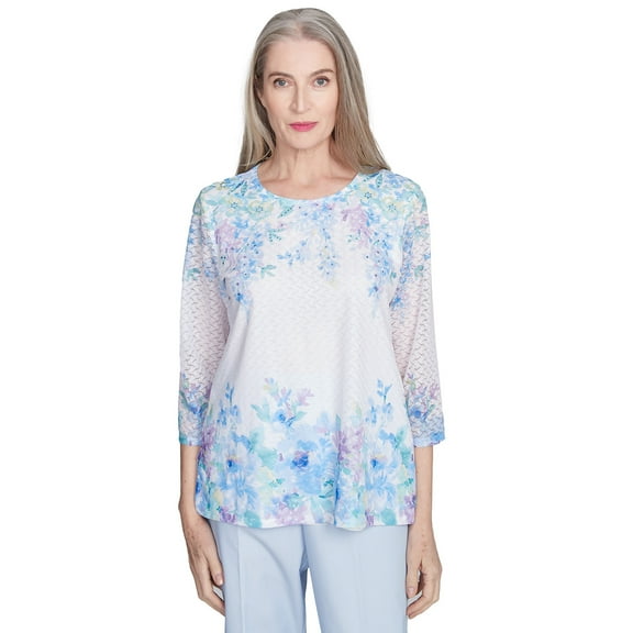 Alfred Dunner Womens Textured Sky Blue Floral Border Top