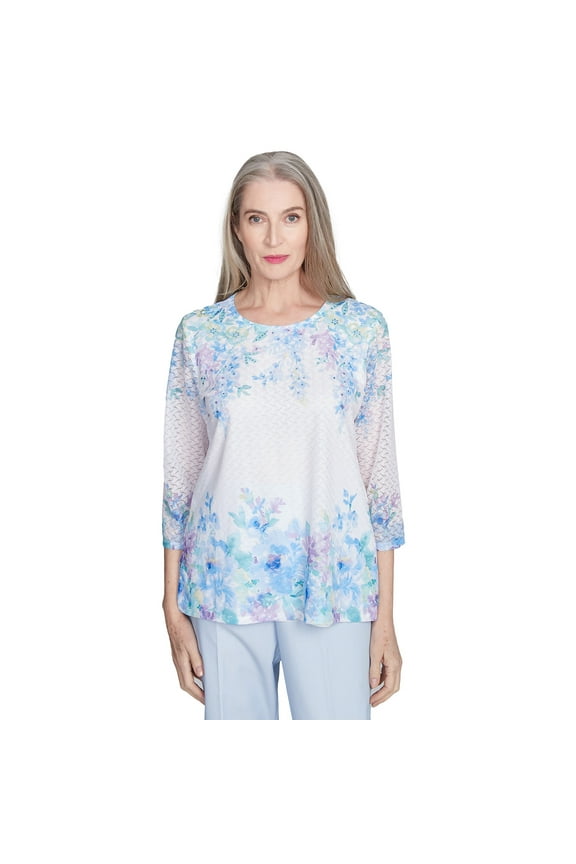 Womens Textured Sky Blue Floral Border Top