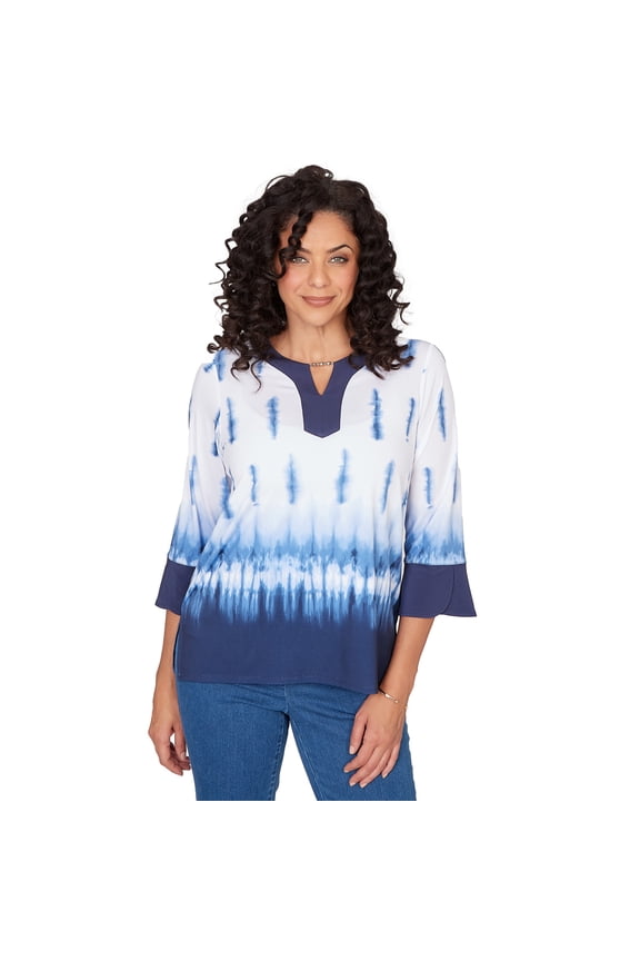 Womens Tie Dye Border Split Neck Top