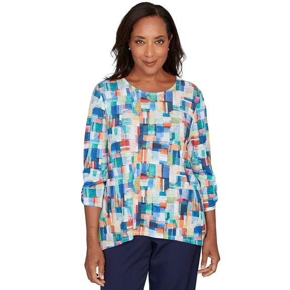 Alfred Dunner Womens Tile Print Colorblock Textured Top