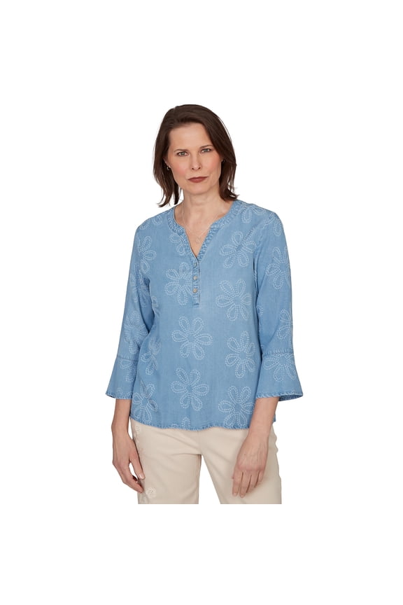 Womens Tonal Embroidered Soft Henley Top