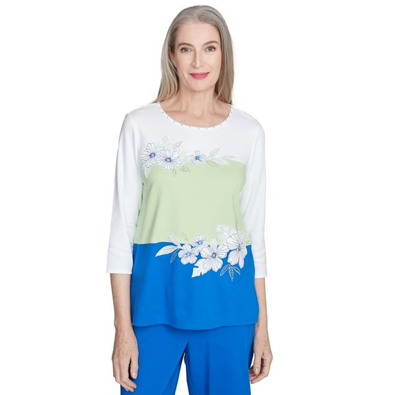 Alfred Dunner Womens Tropical Colorblock Floral Top