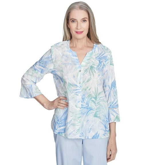 Alfred Dunner Womens Tropical Embroidered Button Front Top