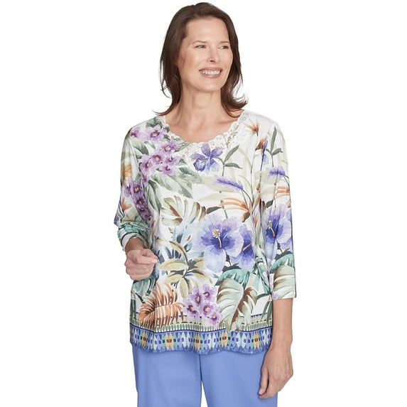 Alfred Dunner Womens Tropical Floral Border Top