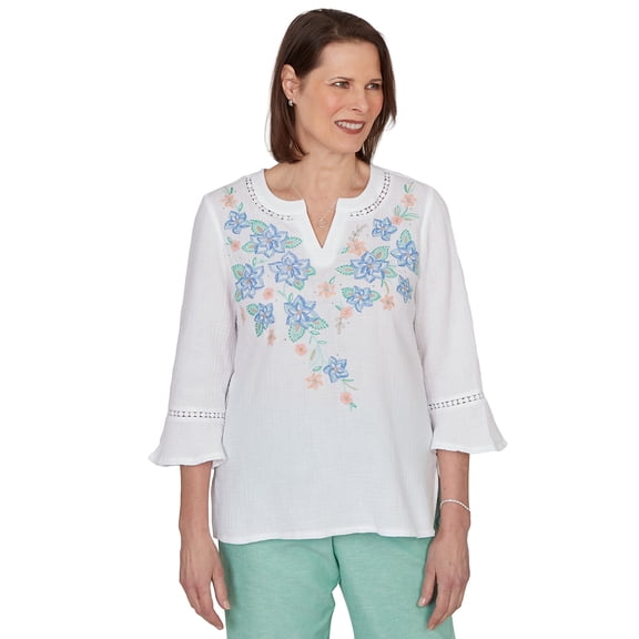 Alfred Dunner Womens Tropical Floral Split Neck Embroidered Top
