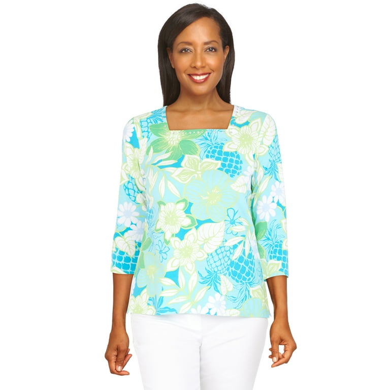 Alfred Dunner Womens Tropical Floral Square Neck Top 