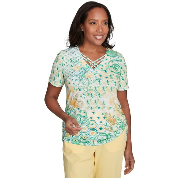 Alfred Dunner Womens Tropical Geometric Patchwork Tee