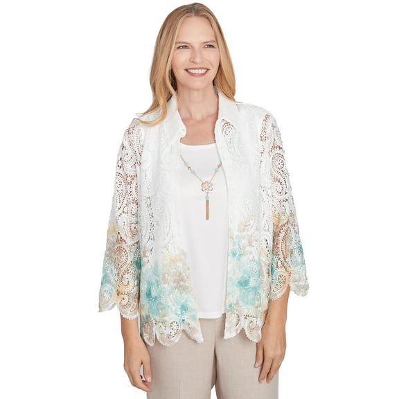 Alfred Dunner Womens Two In One Lace Floral Top With Necklace
