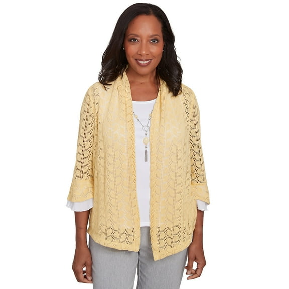 Alfred Dunner Womens Two In One Pointelle Knit Top With Necklace