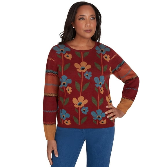 Alfred Dunner Womens  Vertical Floral Crew Neck Sweater