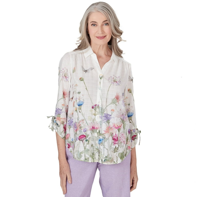 Alfred Dunner Womens Watercolor Floral Button Down Blouse
