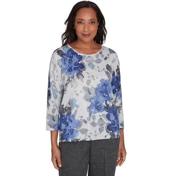 Alfred Dunner Womens Watercolor Floral Shimmer Crew Neck Sweater