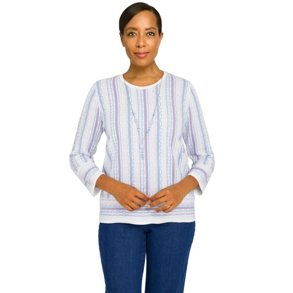 Alfred Dunner Womens Womens Crewneck Three-Quarter Bell Sleeve Stripe Sweater With Removable Necklace