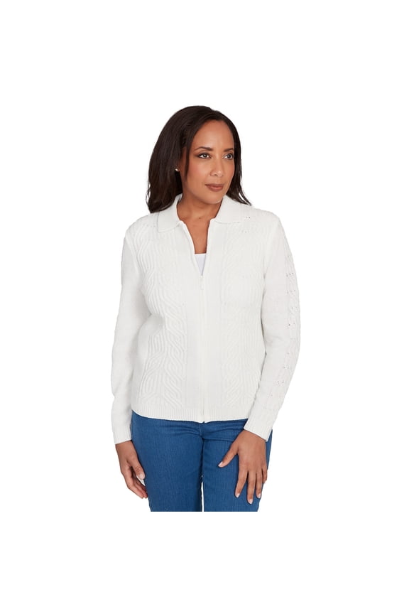 Womens Zip-Front Chenille Collared Cardigan