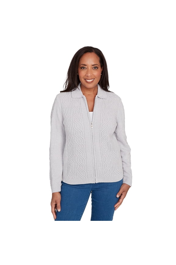 Womens Zip-Front Chenille Collared Cardigan