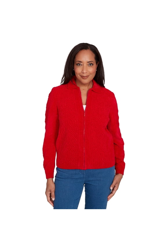 Womens Zip-Front Chenille Collared Cardigan