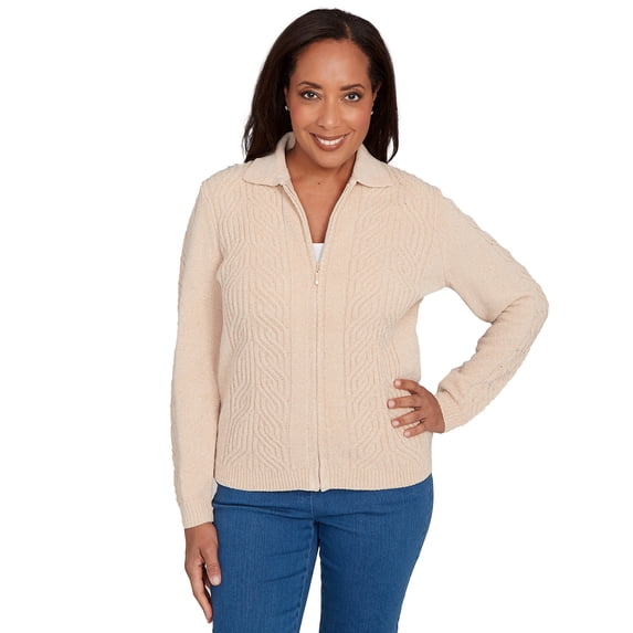 Alfred Dunner Womens Zip-Front Chenille Collared Cardigan