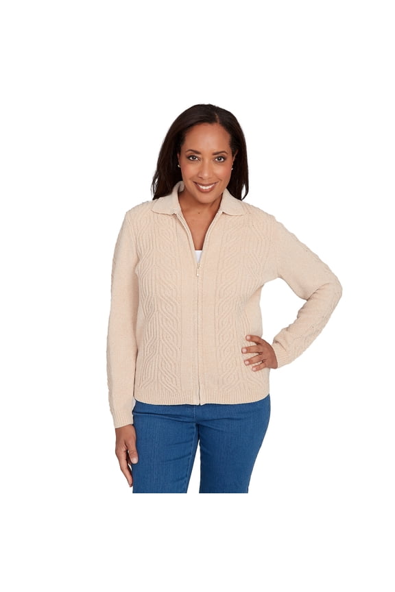 Womens Zip-Front Chenille Collared Cardigan