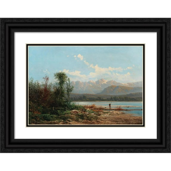 Alfred Godchaux 24x18 Black Ornate Framed Double Matted Museum Art Print Titled: A Mountainous Lake Landscape with Fisherman (1882)