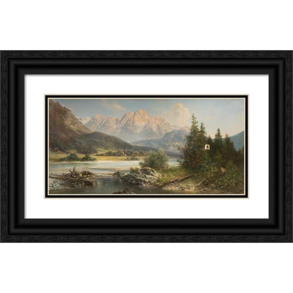 Alfred Karl Julius Von Schönberger 24x14 Black Ornate Framed Double Matted Museum Art Print Titled: River Landscape at the Foot of the Alps
