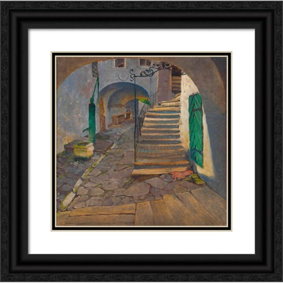 Alfred Keller 15x15 Black Ornate Wood Framed Double Matted Museum Art Print Titled - Motif from Grinzing (Courtyard of the Himmelstrase 31) (1904)