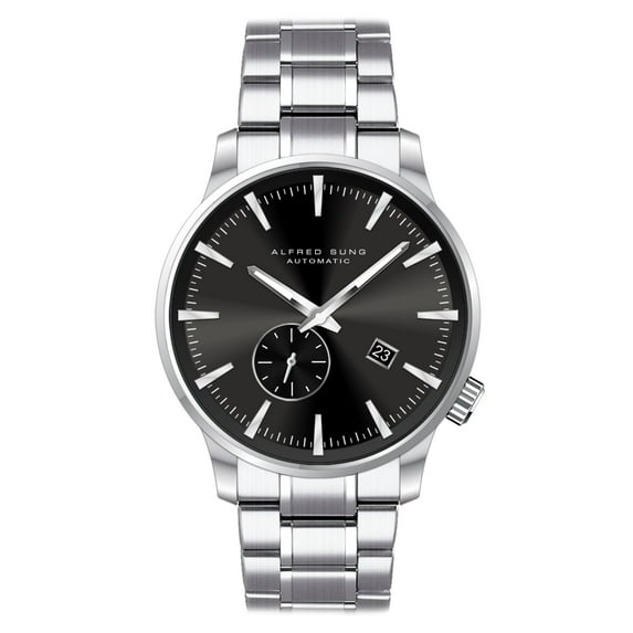 Alfred Sung Men's Automatic II Silver Date Black Sunray Dial Link Watch