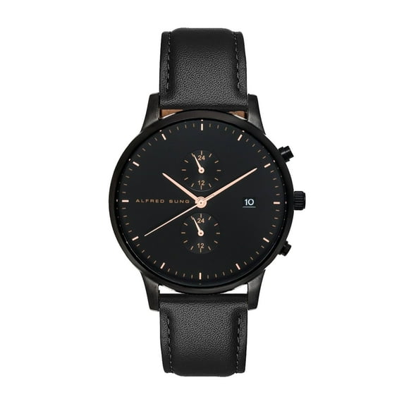 Alfred Sung Men's Dual Time Black Rose Gold Accents Date Leather Watch
