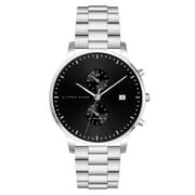 ALFRED SUNG Men's Dual Time Silver Date Black Dial Link Watch