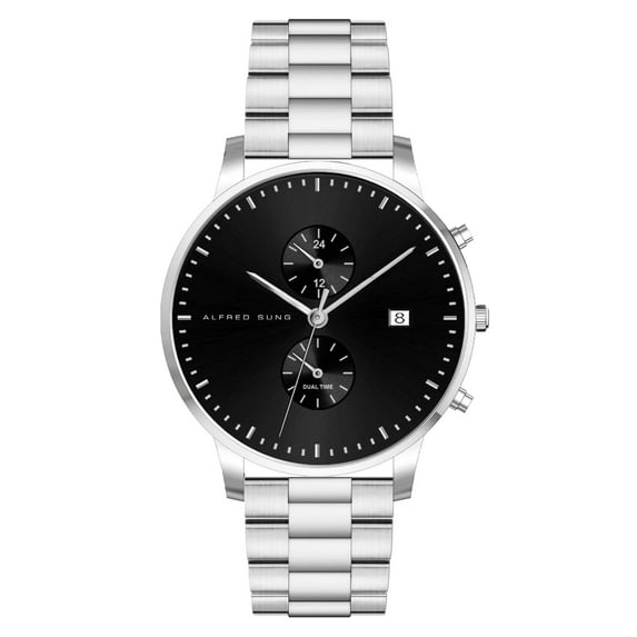 Alfred Sung Men's Dual Time Silver Date Black Dial Link Watch