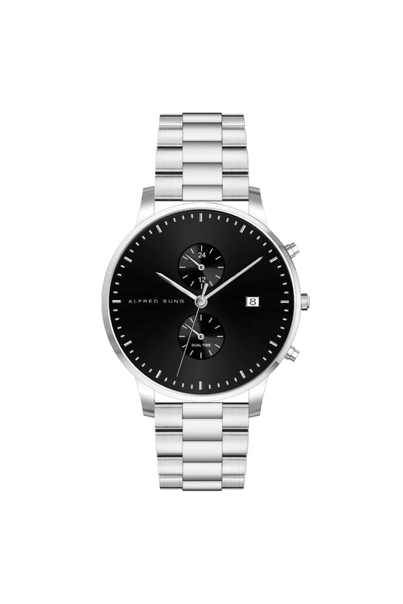 Men's Dual Time Silver Date Black Dial Link Watch
