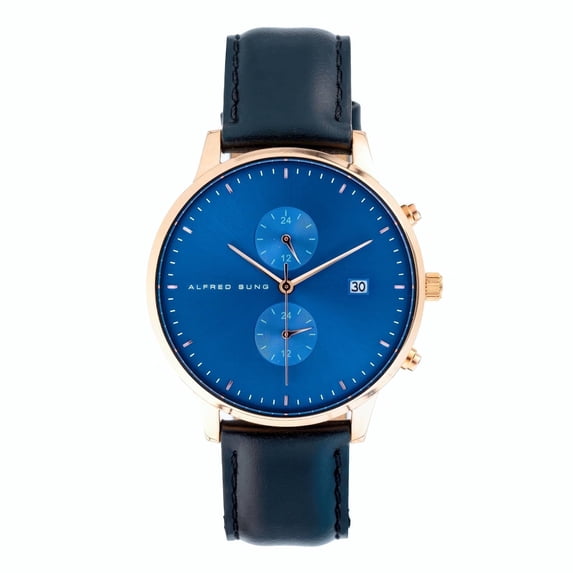 Alfred Sung Men's Dual Time Rose Gold Date Blue Dial Leather Watch