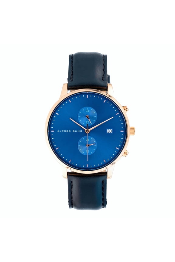 Men's Dual Time Rose Gold Date Blue Dial Leather Watch