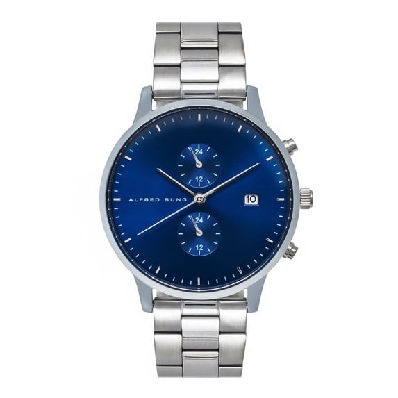 Alfred Sung Men's Dual Time Silver Date Blue Dial Link Watch
