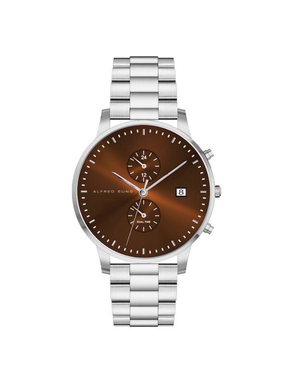 Men's Dual Time Silver Date Brown Dial Link Watch