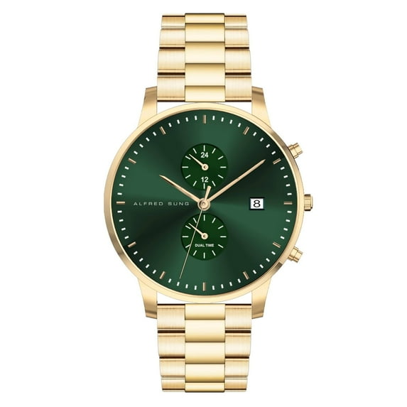 Alfred Sung Men's Dual Time Gold Date Green Dial Link Watch