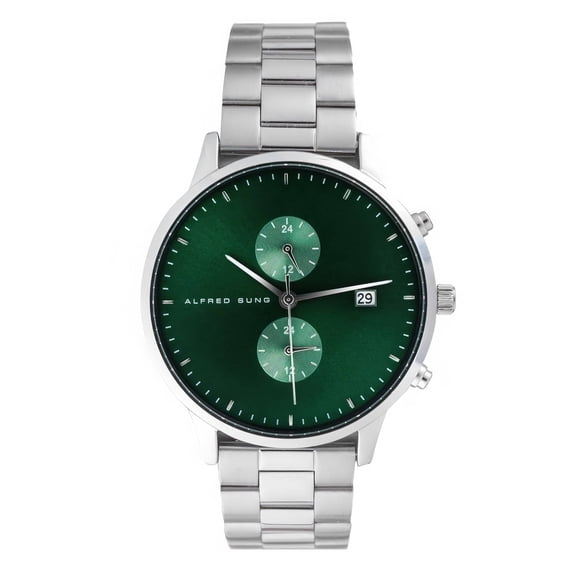 Alfred Sung Men's Dual Time Silver Date Green Dial Link Watch