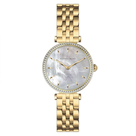 Alfred Sung Ladies CZ Gold Mother of Pearl Dial Link Watch