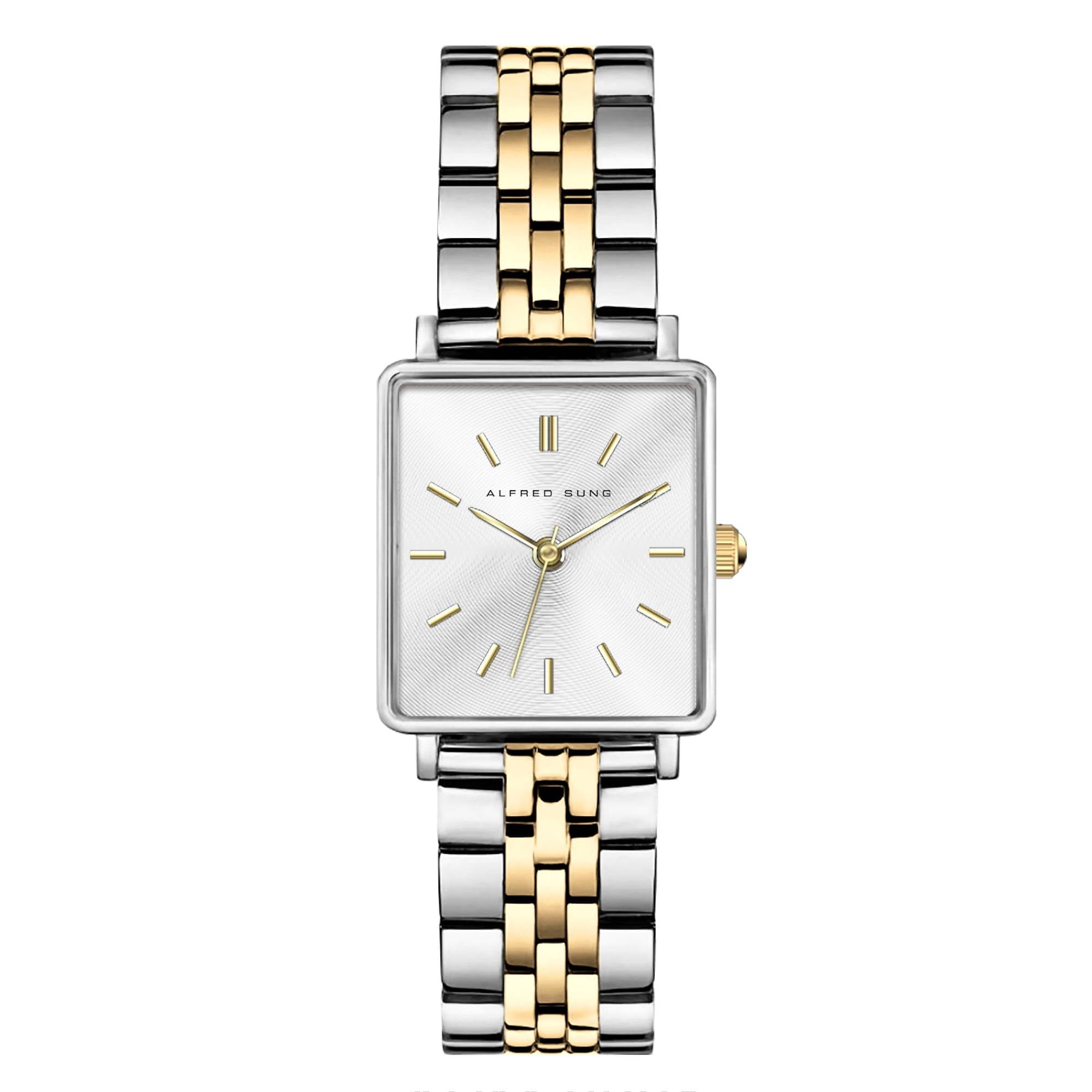 ALFRED SUNG Ladies Harmony Gold Two-Tone Sunray Dial Link Watch