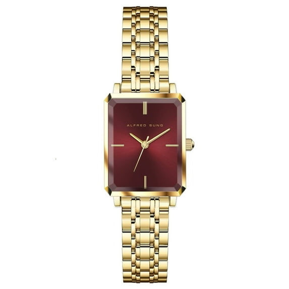 Alfred Sung Ladies Octavia XS Gold Burgundy Sunray Dial Link Watch
