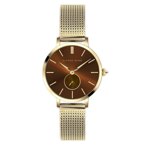 Alfred Sung Ladies Serenity Gold Brown Dial Mesh Watch