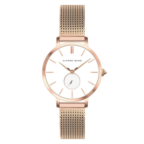 Alfred Sung Ladies Serenity Rose Gold White Dial Mesh Watch