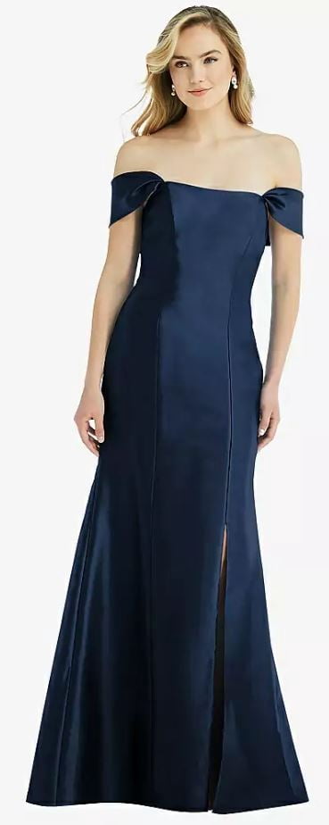 alfred sung midnight blue dress ALFRED SUNG Strapless Satin Gown Formal Dress Slit D764 Midnight Navy   East Coast Bella Boutique