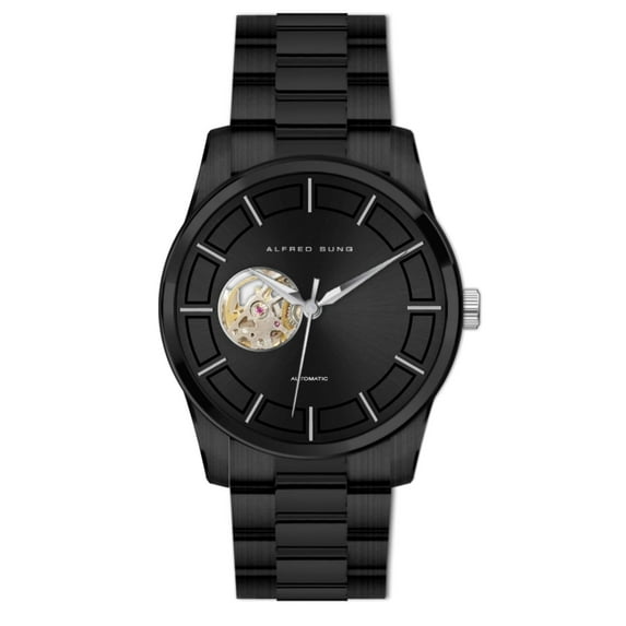 Alfred Sung Men's Automatic Black Open Heart Dial Link Watch